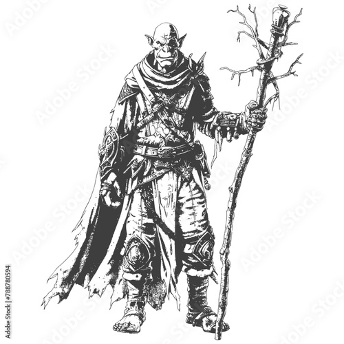 orc mage with magical staff full body images using Old engraving style