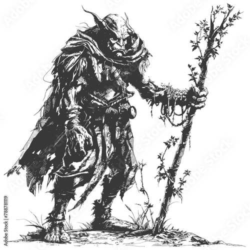 orc mage with magical staff full body images using Old engraving style