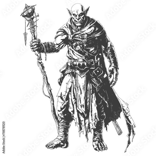 orc mage with magical staff full body images using Old engraving style