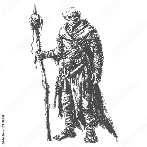 orc mage with magical staff full body images using Old engraving style