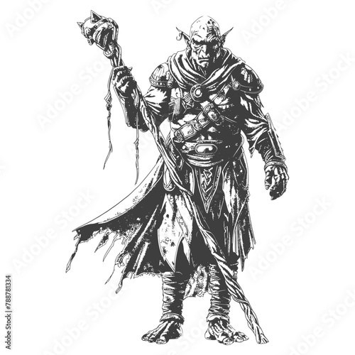 orc mage with magical staff full body images using Old engraving style