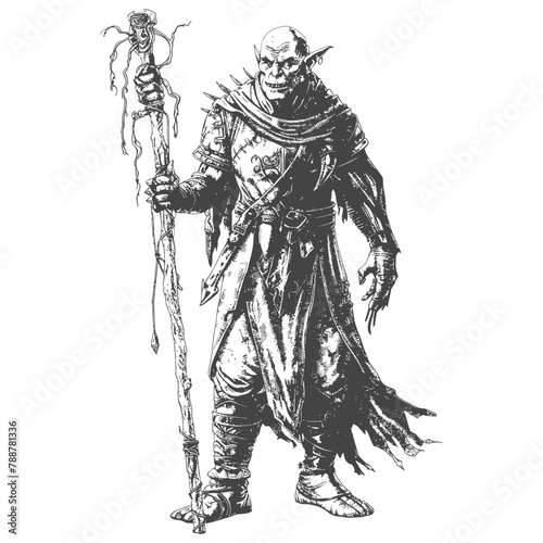 orc mage with magical staff full body images using Old engraving style