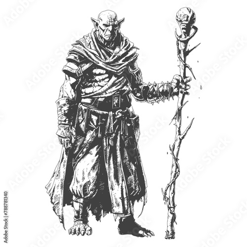 orc mage with magical staff full body images using Old engraving style