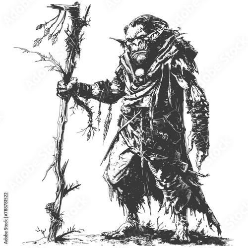 orc mage with magical staff full body images using Old engraving style