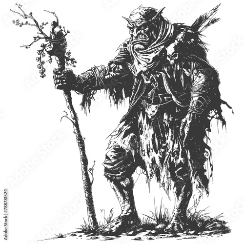 orc mage with magical staff full body images using Old engraving style