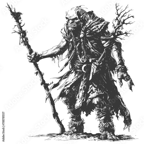 orc mage with magical staff full body images using Old engraving style