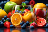The image depicts glasses filled with various fruits.