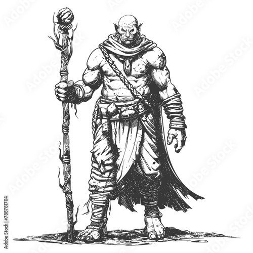 orc mage with magical staff full body images using Old engraving style