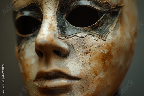 A detailed close-up showcases the textures and contours of a Venetian mask.