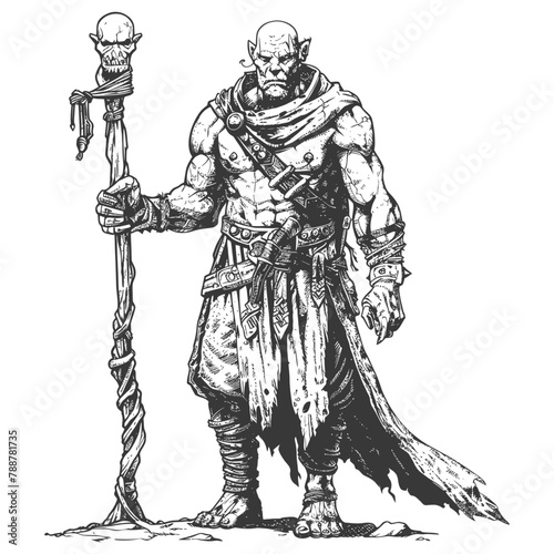 orc mage with magical staff full body images using Old engraving style
