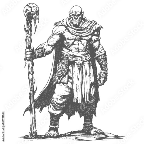 orc mage with magical staff full body images using Old engraving style