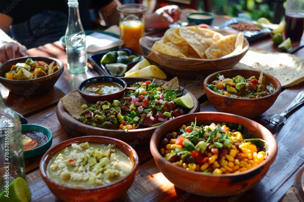 A bountiful table adorned with an array of colorful bowls brimming with delicious Mexican cuisine dishes, ready to be enjoyed. A bountiful table adorned with an array of colorful bowls brimming with delicious Mexican cuisine dishes, ready to be enjoyed.