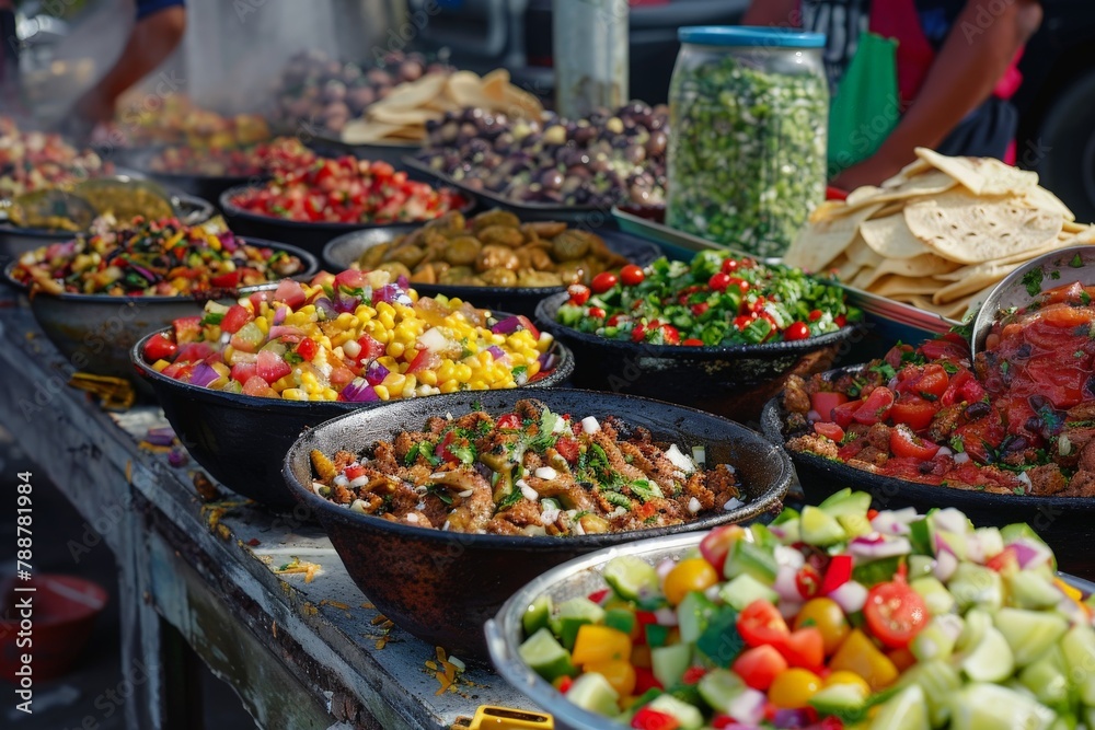 A colorful table overflowing with a vibrant assortment of different types of food from around the world, including Mexican street food.