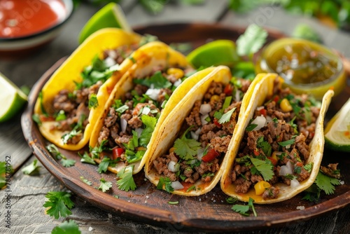 Three delicious tacos topped with fresh limes and spicy salsa sit on a colorful plate, ready to be enjoyed.