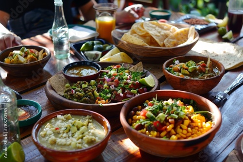 A bountiful table adorned with an array of colorful bowls brimming with delicious Mexican cuisine dishes, ready to be enjoyed.