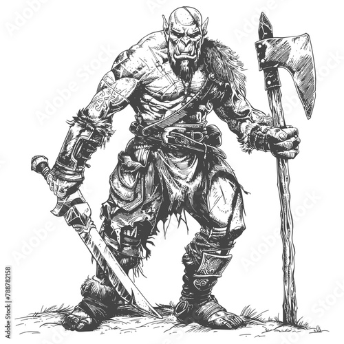 orc warrior full body images using Old engraving style