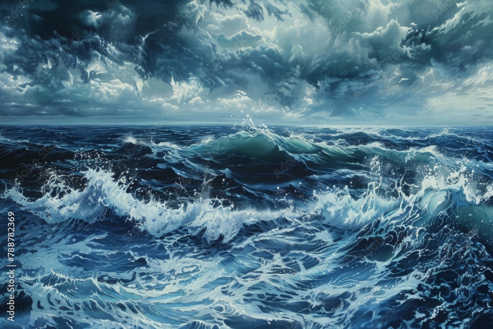 A mesmerizing painting capturing the essence of a stormy ocean under a dramatic sky adorned with billowing white clouds.