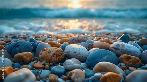 natural elegance of rocks on the beach against a backdrop of deep blue sea, their smooth surfaces and intricate patterns depicted in high resolution cinematic photography.