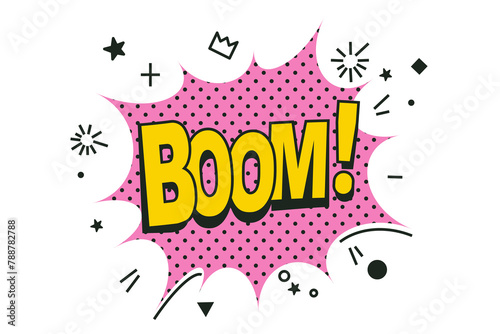 Boom bubble. Expression ballon with text Boom. Explosion speech bubble. Polka dots, doodles. Abstract vector background. Vintage design element for banner, poster, web. Pop art