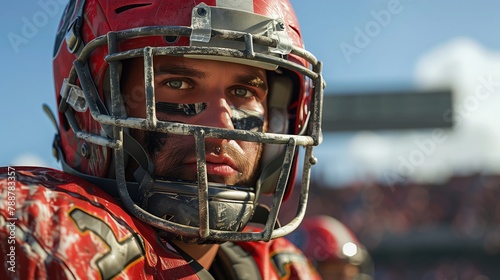 A close up of a player in football gear wearing a helmet © Валерія Ігнатенко