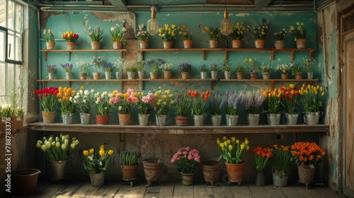   A room brimming with numerous potted plants adjoins a wall arrayed with various flower pot types photo