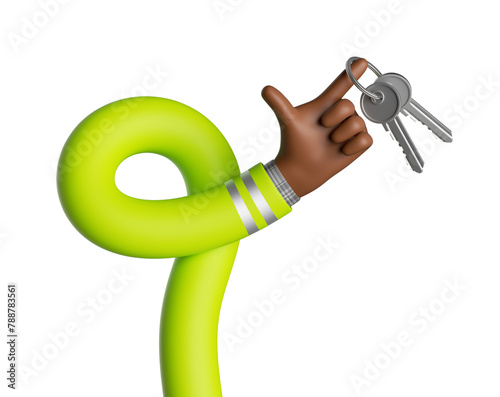 3d render. Funny cartoon flexible dark skin human arm holds keys. Professional real estate agent. Home service clip art. Elastic african hand isolated on white background
