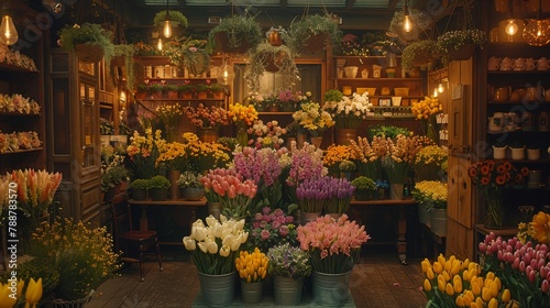  A flower shop brimming with various tulips in buckets and suspended from the ceiling
