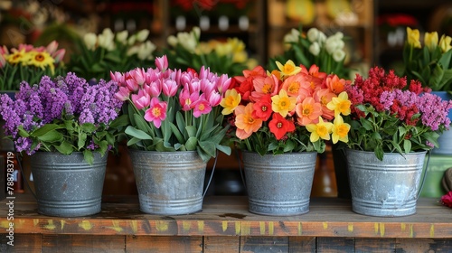  A row of buckets, brimming with colorful flowers, sits atop a weathered wooden table before a storefront window