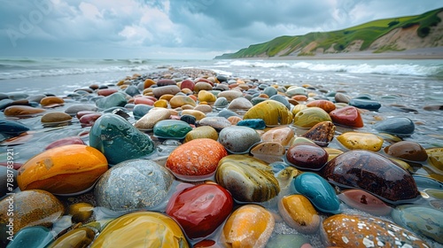 raw beauty of nature with colorful rocks strewn across the shoreline of a remote beach, their vibrant hues creating a mesmerizing contrast against the rugged landscape photo