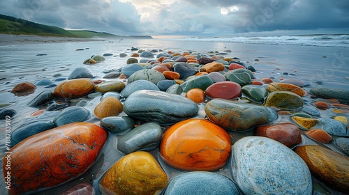 raw beauty of nature with colorful rocks strewn across the shoreline of a remote beach, their vibrant hues creating a mesmerizing contrast against the rugged landscape