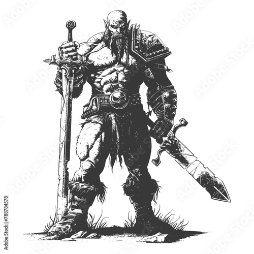 orc warrior with sword full body images using Old engraving style