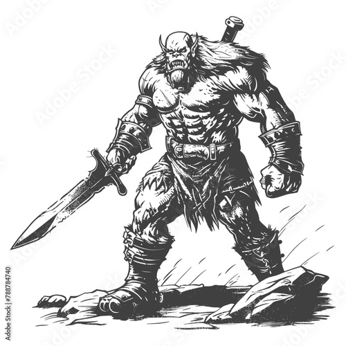 orc warrior with sword full body images using Old engraving style