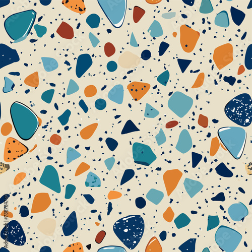 Terrazzo flooring vector seamless pattern. Italian terrazzo mosaic texture. Terrazzo seamless print tile. Concrete, granite, cement terrazo template. Terrazzo Floor material. Particles pebble, glass.