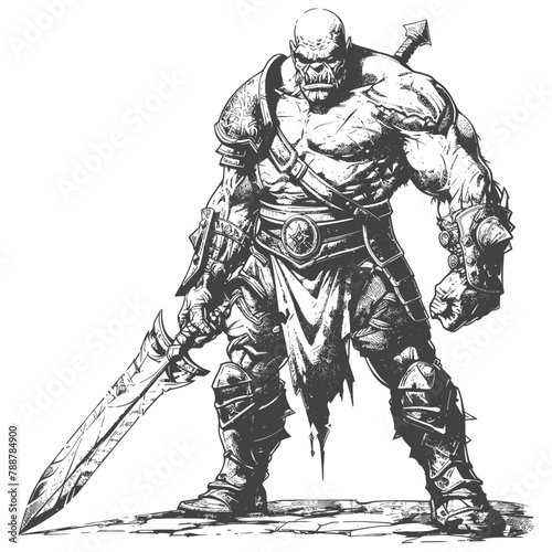 orc warrior with sword full body images using Old engraving style