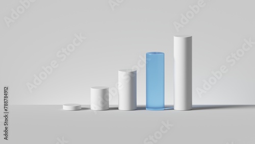3d render, abstract concept. White increasing chart with blue glass cylinder. Financial statistics, business metaphor. Minimalist background