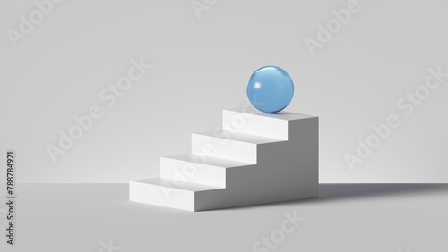 3d render, abstract minimalist background. Blue glass ball placed on white steps, isolated stairs. Career metaphor. Pedestal, podium. Architectural element. Product showcase, shop display
