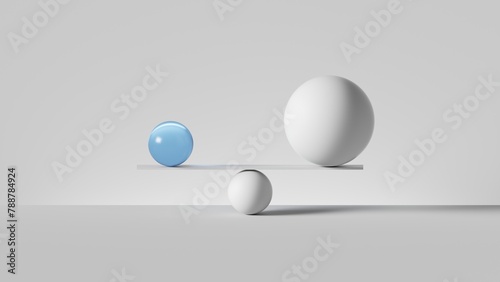 3d render, balancing balls placed on scales or weigher, isolated on white background. Simple geometric shapes. Balance metaphor. Modern minimalist concept photo