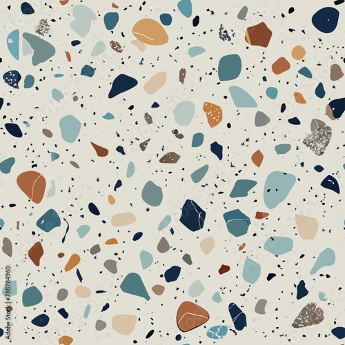Terrazzo flooring vector seamless pattern. Italian terrazzo mosaic texture. Terrazzo seamless print tile. Concrete, granite, cement terrazo template. Terrazzo Floor material. Particles pebble, glass.