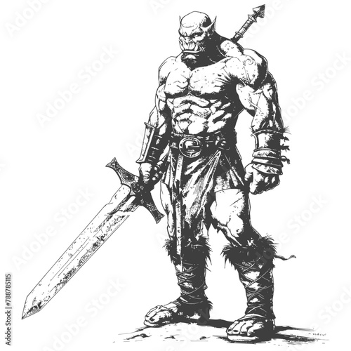 orc warrior with sword full body images using Old engraving style
