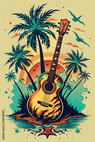 A classic guitar with a sunsetting beach scene inside it emerges from splashing water