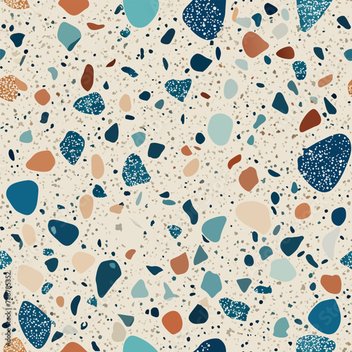 Terrazzo flooring vector seamless pattern. Italian terrazzo mosaic texture. Terrazzo seamless print tile. Concrete, granite, cement terrazo template. Terrazzo Floor material. Particles pebble, glass.
