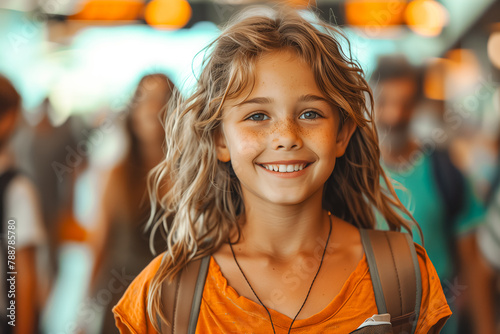 Young Girl Smiles With Backpack photo