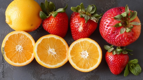 Fruits like strawberries  oranges  and lemons are displayed on the table