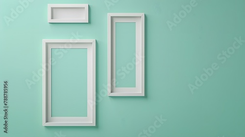 simplicity of white blank frames against a soothing green backdrop  their clean lines and minimalist design captured in high resolution cinematic photography.