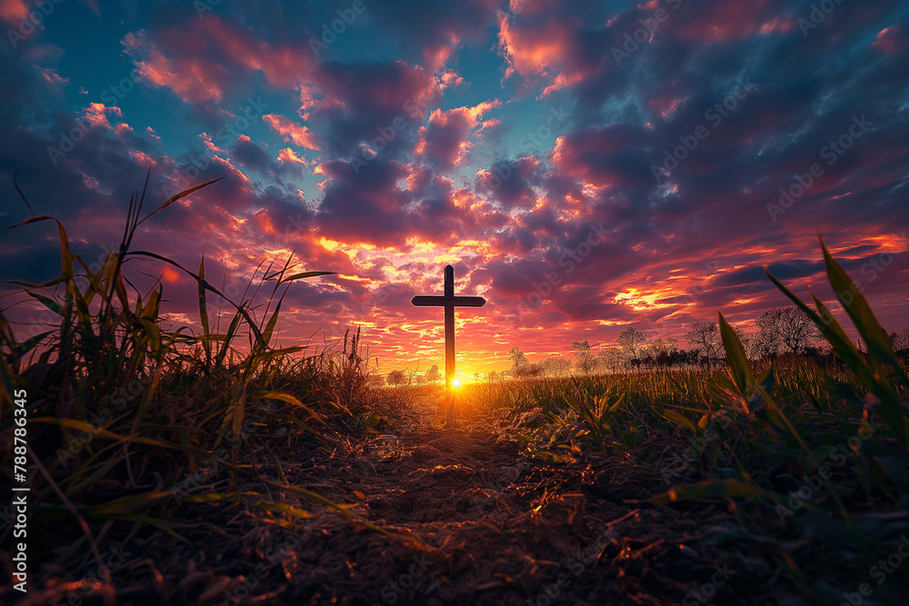 Obraz premium Sunset Behind Silhouetted Cross in Field