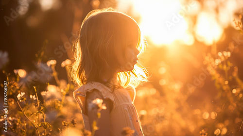 A cute and happy toddler girl is standing in wild grass in the field outside at sunset, smiling.