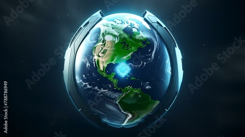 Blue shield with world map on dark background. 3D rendering.