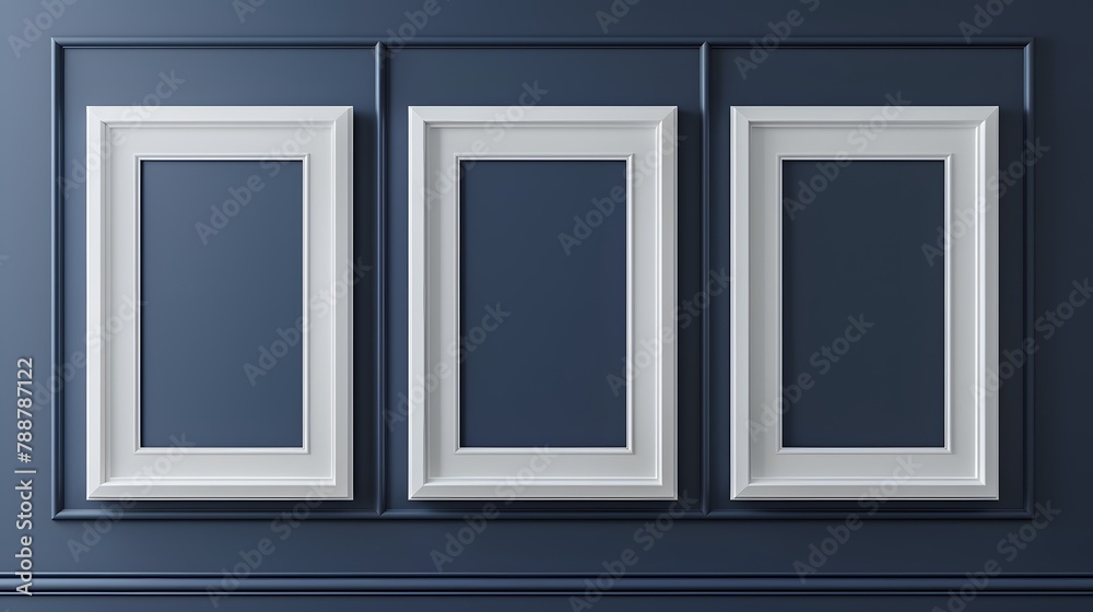 versatility of white blank frames against a classic navy blue background, their clean aesthetic and modern flair captured in realistic 8k full ultra HD detail.