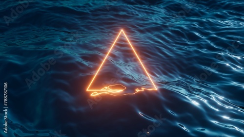 3d render of a neon yellow triangle frame placed over the dark blue ocean surface. Simple geometric wallpaper, abstract background
