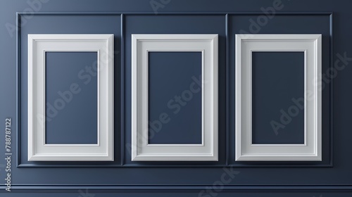 versatility of white blank frames against a classic navy blue background  their clean aesthetic and modern flair captured in realistic 8k full ultra HD detail.